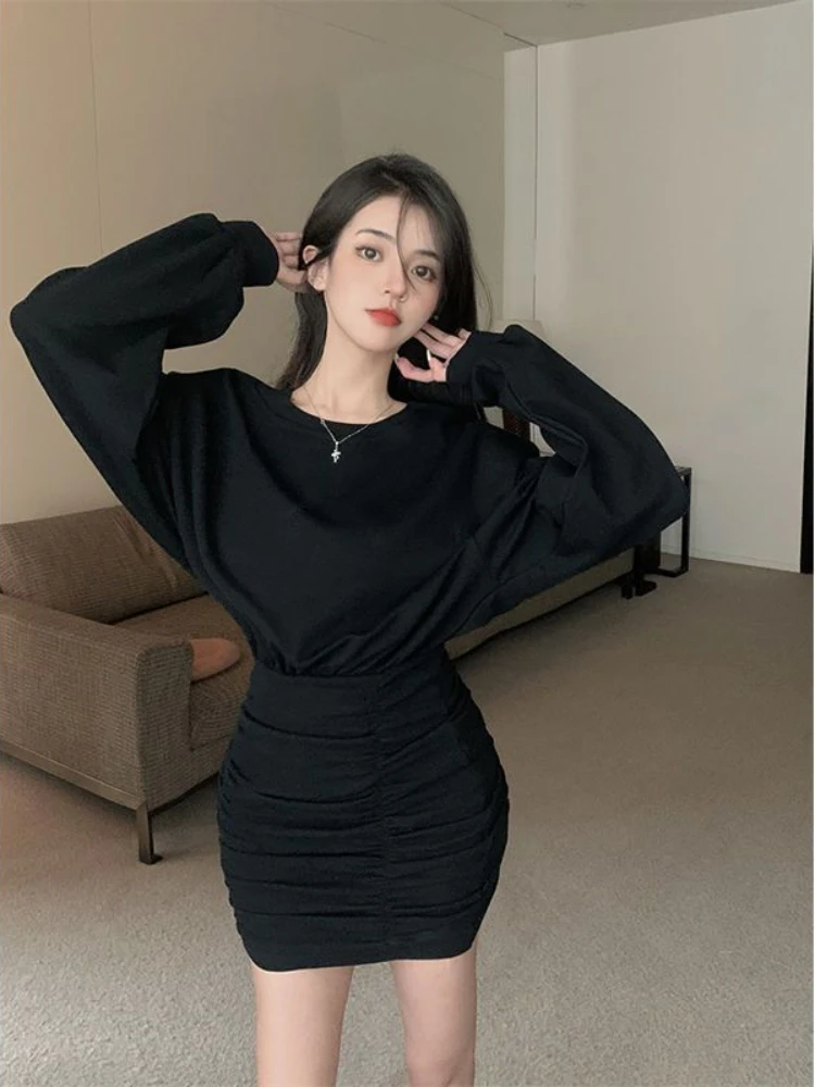 Black Autumn Mini Dresses for Women Hotsweet Defined Waist New Fashion Chic Folds Female Long Sleeve Vestidos Graceful Temper