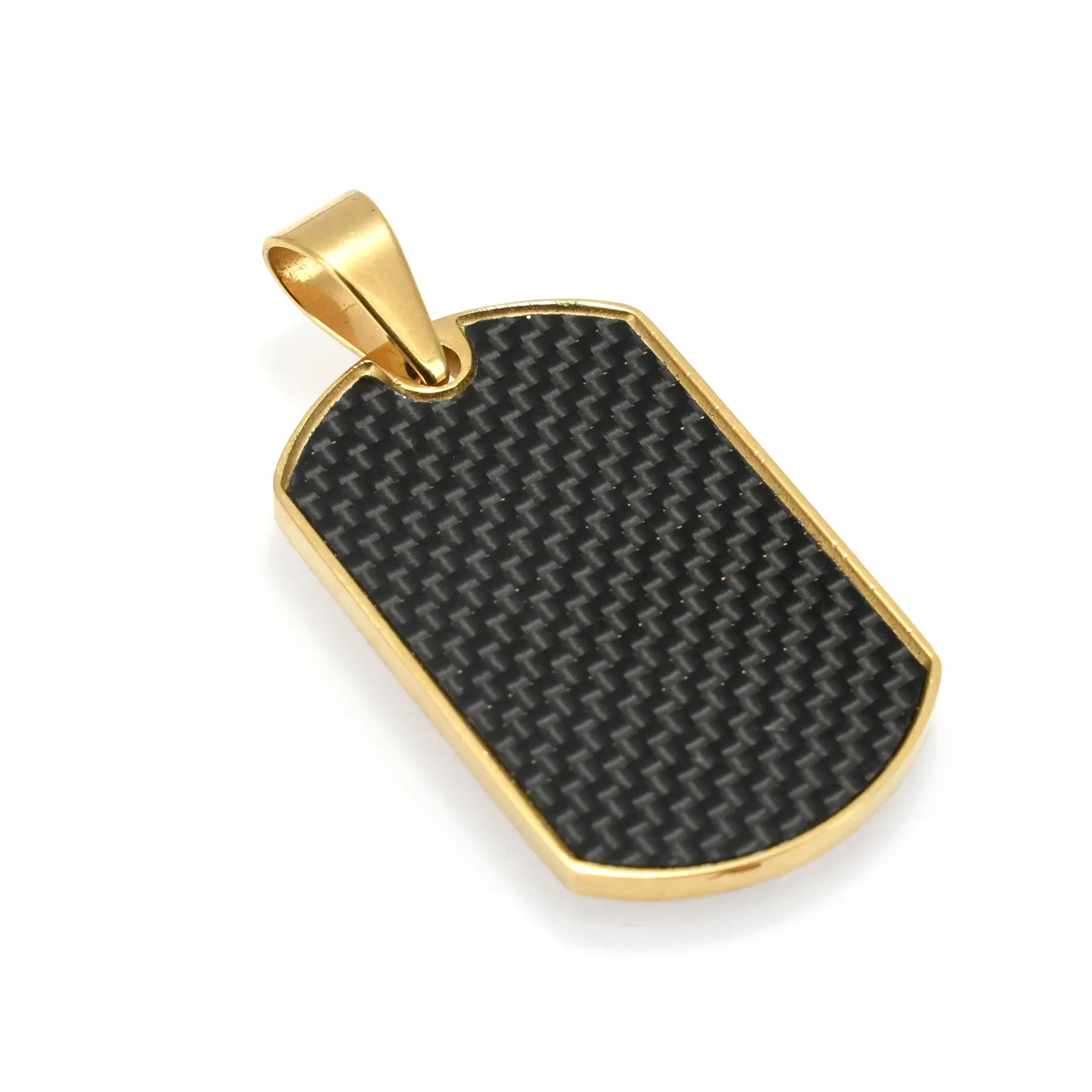 

Custom Gold Plated Stainless Steel Carbon Fiber Rectangle Penadant 2mm Pearl Chain Necklace for Men Women