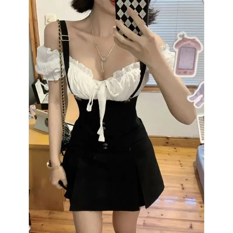 

Элегантный комплект из 2 предметов, женская повседневная белая блузка Kawaii, женская черная юбка с высокой талией Y2k, тонкая одежда в стиле Лолиты, лето 2023 г.