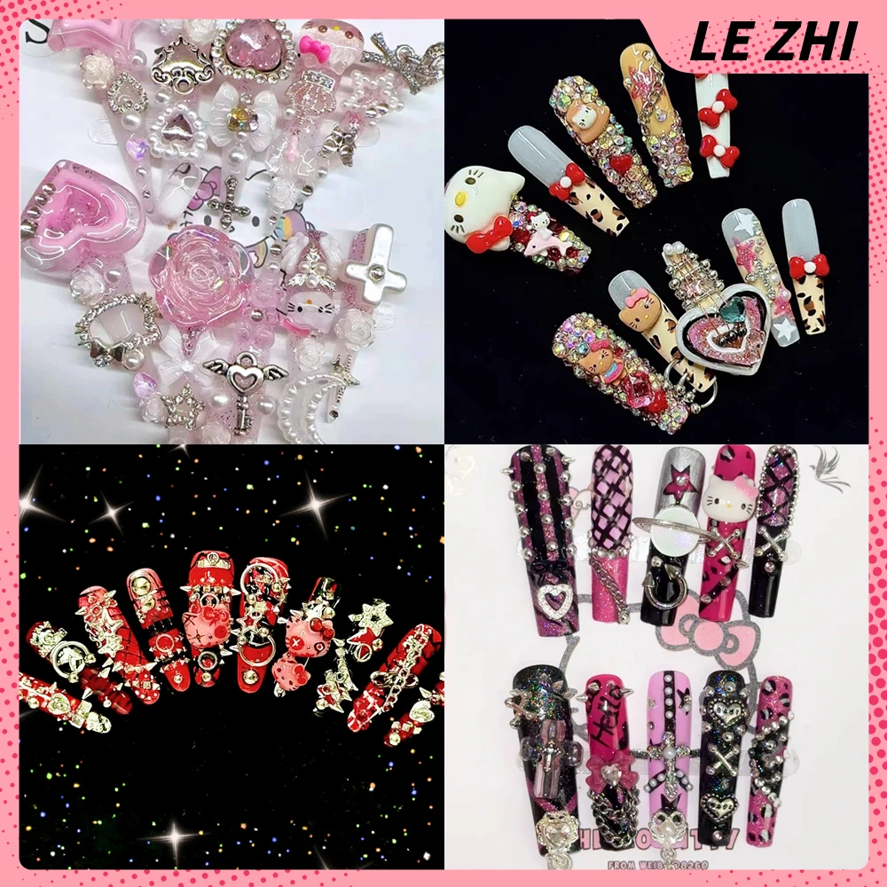 

Spicy Girl Sanrio Hello Kitty Long Square Handmade Press On Nails Heavy Metal Chain Diamond Pearl Flowers Detachable False Nails