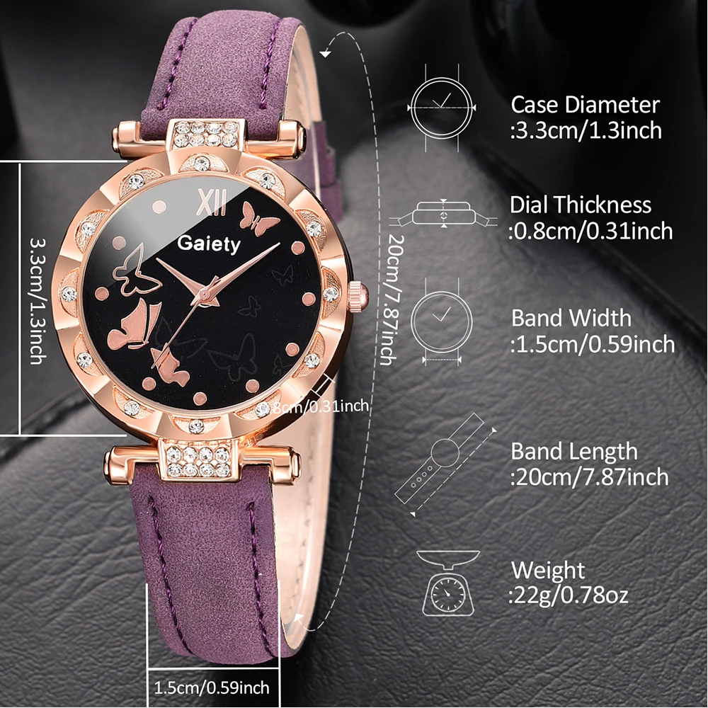 Purple Ladies Quartz Watch 6PCS/Set Butterfly Element Dial Wristwatch Leather Strap Watch Set Purple Jewelry Gift For Her