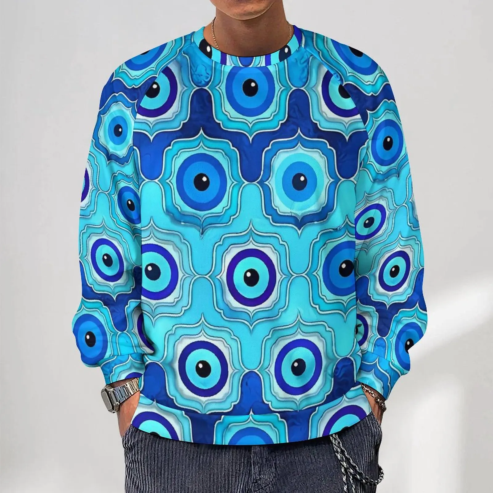 

Evil Eye Streetwear Sweatshirts Autumn Blue Glass and Silver Modern Hoodies Couple Oversize Loose Graphic O Neck Hoodie