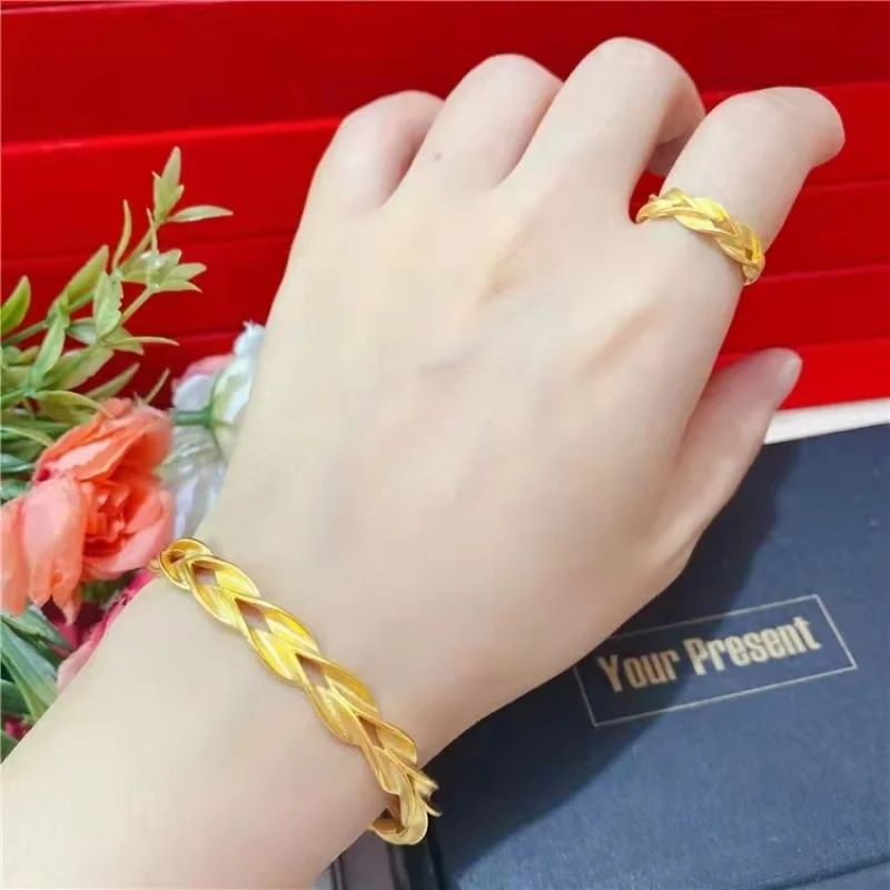 

Year of the Dragon Matte Wheat Spike Open Bracelet Brass Plated Wheat Spike Matte Ring Bracelet Set for Women Jewelry