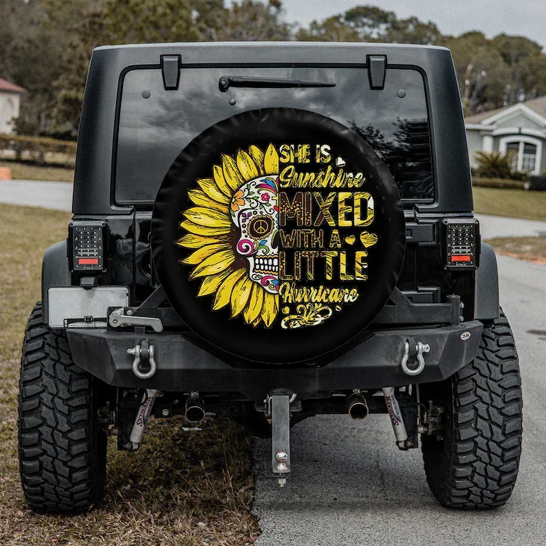 Chingona Skull Sunflower - She Is Sunshine Mixed With A Little Hurricane Car Accessories, Spare Tire Cover, Valentine gifts