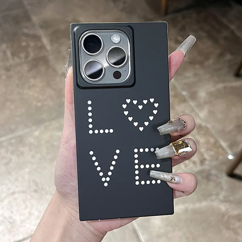 

Stylish Love Heart Rectangle Edge Phone Case For iPhone 16 15 13 14 12 Pro Max Black IMD TPU Shockproof Back Cover