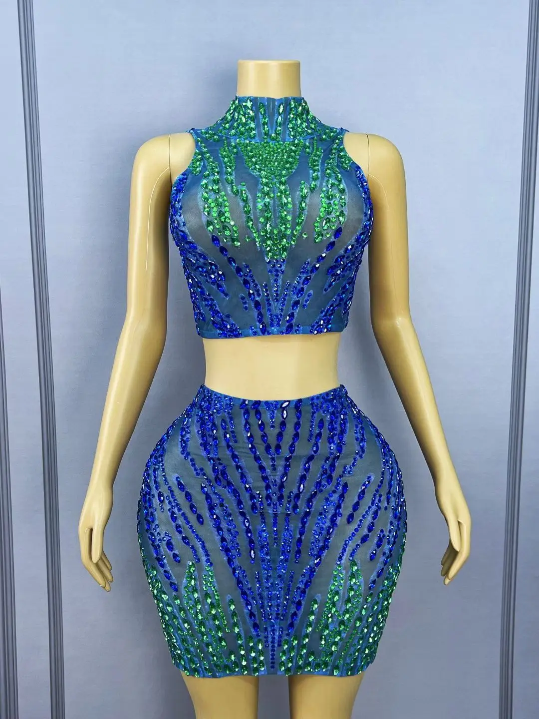 

Women Sexy Sparkly Crystal Diamond Nightclub Two Pieces Set Singer Dancer Mesh See Through Stage Costume Birthday Party Dress