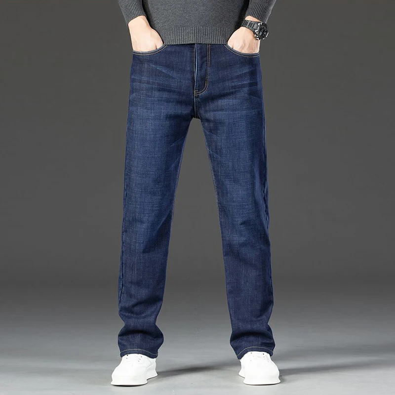 

2025 New Men Autumn Winter Fleece Lined Thickened Jeans Male Loose Straight Elasticity Denim Pants Warm Smart Casual Trousers