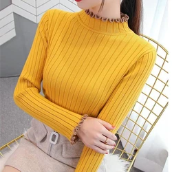 Women's Turtleneck Long Sleeve T Shirt White Black Female Blouses S-2XL Screw Slim Stretch Tees Clothes Thread Knitted Top