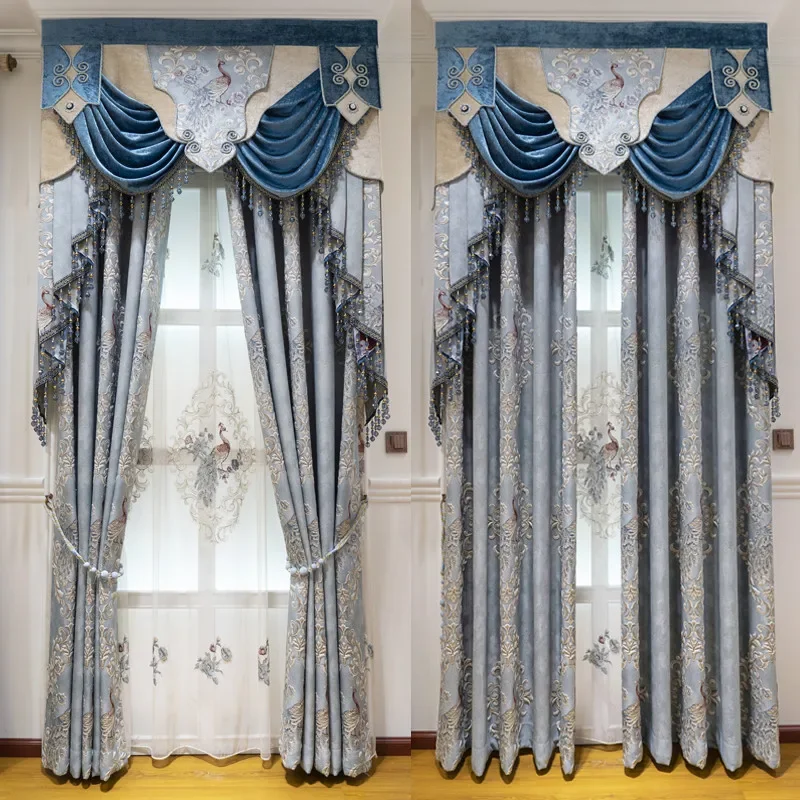 Luxury Villa Blue 3D Peacock Embossed Jacquard Thickened Full Blackout Curtains For Living Room Bedroom Hotel Apartment Kitchen