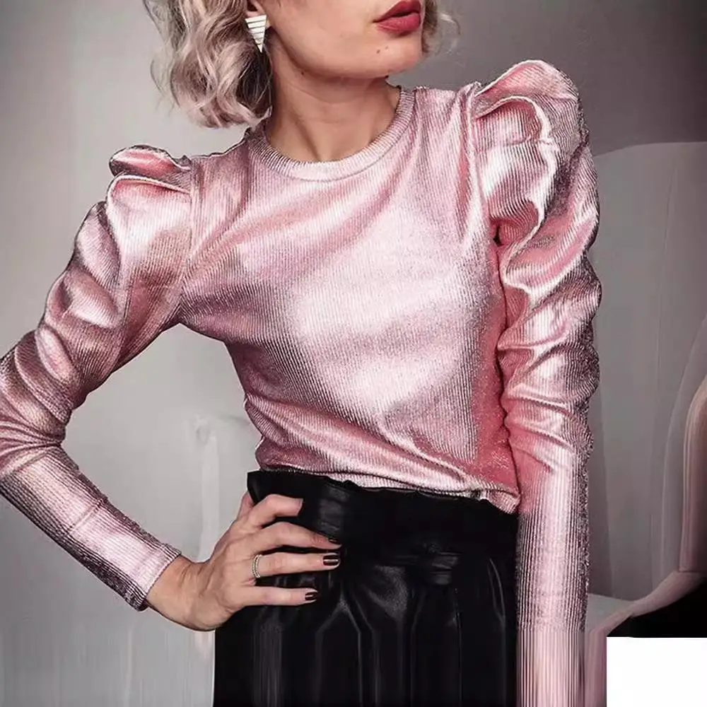 Camiseta feminina cor brilhante quatro cores slim fit poliéster longo Sve irt European Sle Faion Spring Season Regular Thi...