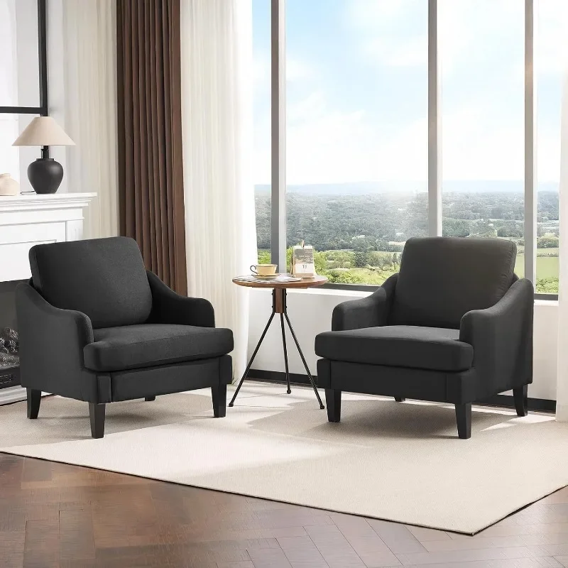 VINGLI Linen Fabric Accent Chairs Set of 2, Black Modern Upholstered Armchair, Comfy Sofa Chair Living Room Bedroom Furniture