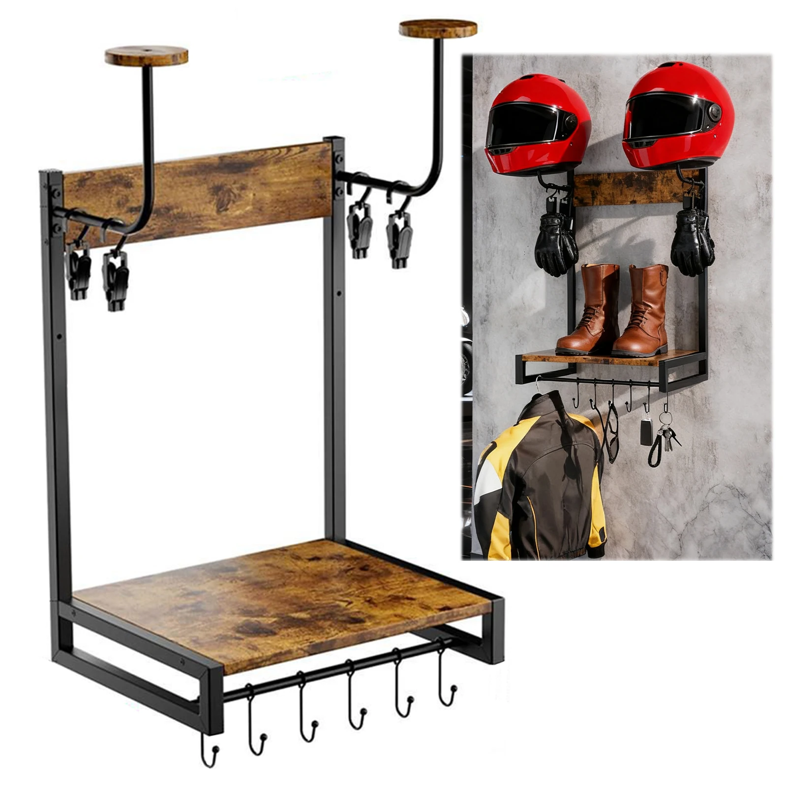 حامل خوذة دراجة نارية خشبي مع خطافات منظم خوذة حامل خوذة معدني لتخزين ملحقات الدراجات النارية