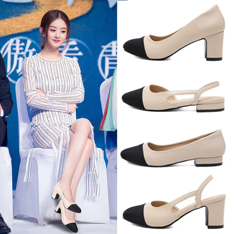 In Stock Cross-Border plus Size Women's Shoes Mid Heel Classic Style Wind Back Empty Closed Toe Sandals Women's Flat High Heel C