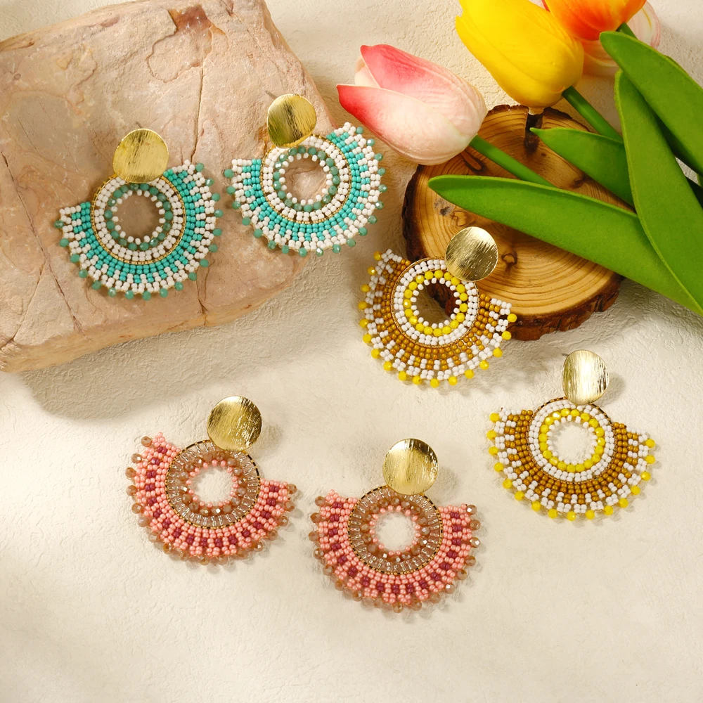 Badu Bohemia Style Fan Shape Handmade Beaded Dangle Earrings for Women Retro Ethnic Trendy Jewelry Rice Beads Earring