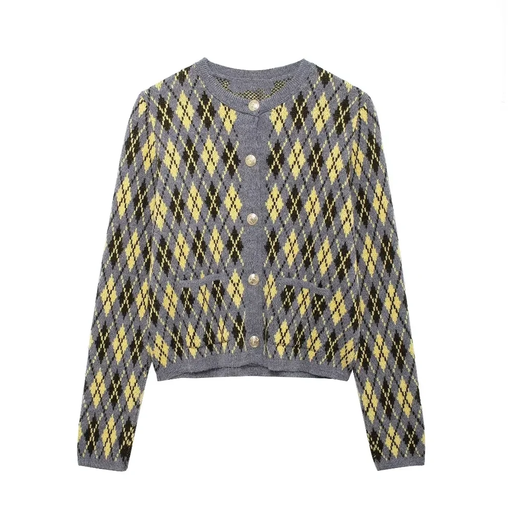 

TRAF2024 autumn and winter gray retro diamond grid round neck slim fit short knitted sweater cardigan jacket for women