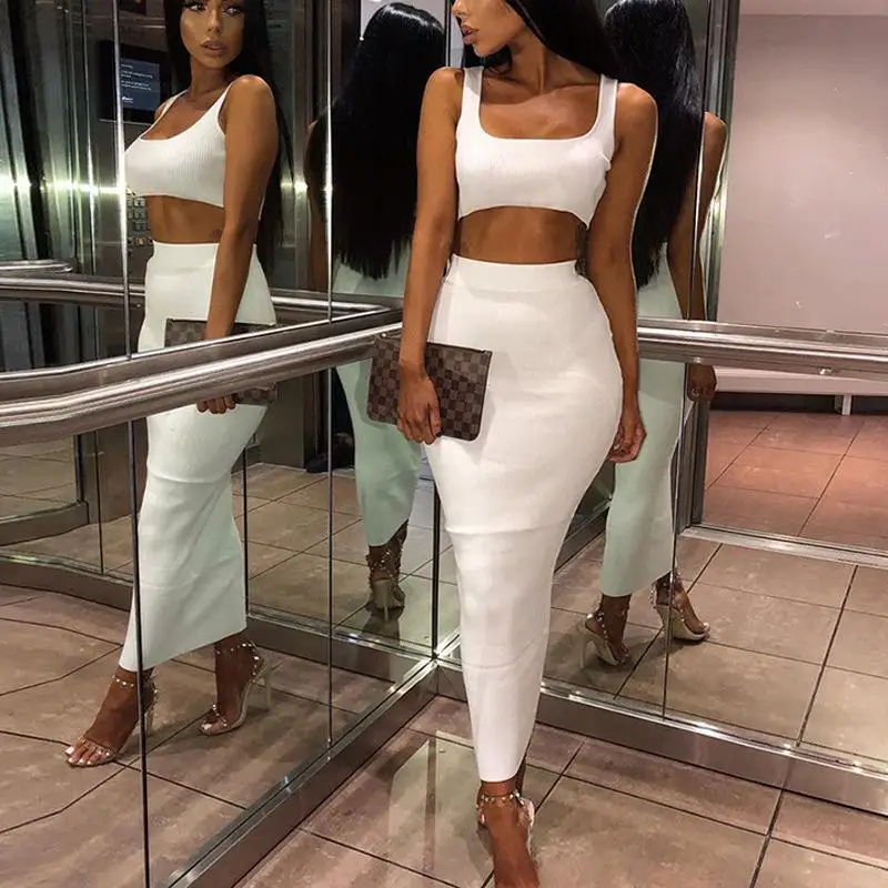 Two Piece Dress Summer Skinny Solid Strapless Knitted Dress Ribbed Crop Top And Sweater Dress Women Outfits Sets