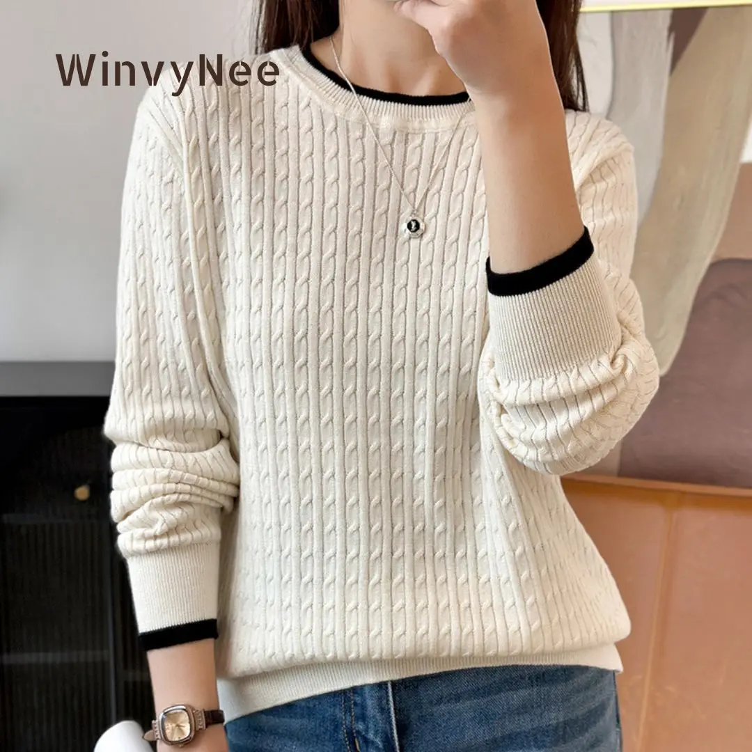 WinvyNee Spring Ladies Pure Cotton Knit Top Round Neck Splice Color Long Sleeve Cable Soft Breathable Designer Blouse ZA1002023