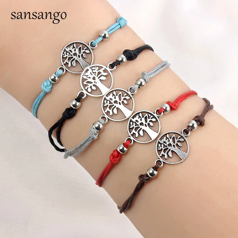 12Pcs/lot Silver Color Life Tree Charms Braided Bracelet Set for Women Child Adjustable Rope Wristband Bracelet Jewelry Gifts