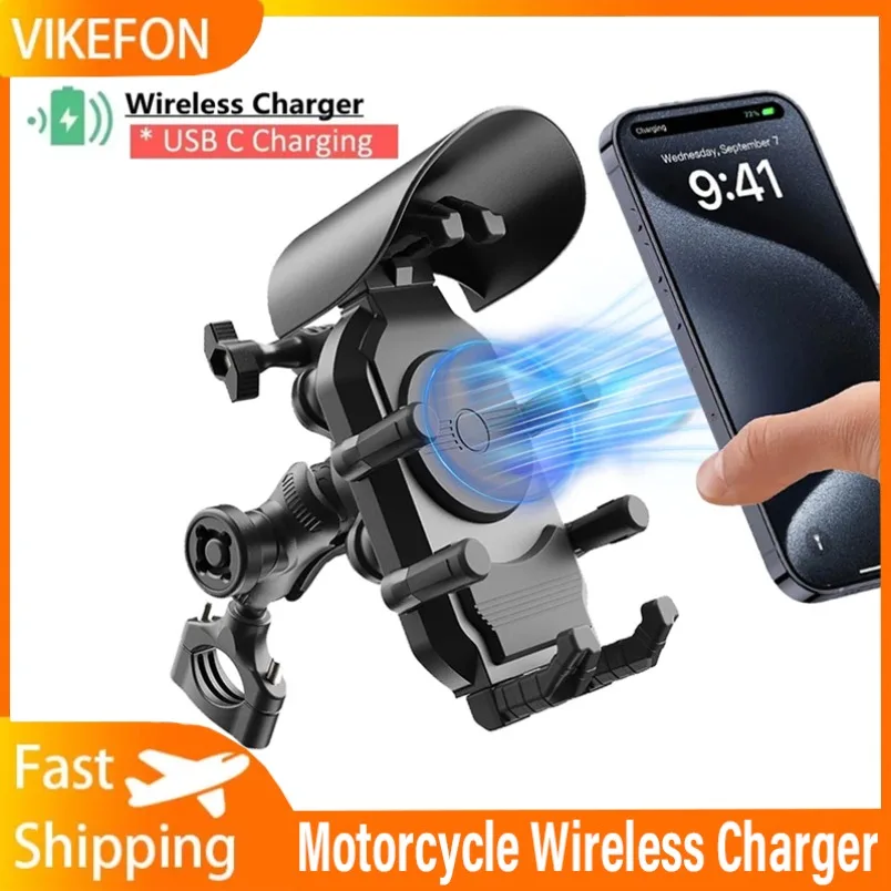 

15W Wireless Charger Shockproof Motorcycle Phone Holder 18W USB & 30W Type C Fast Charging Motorbike Bicycle Bike Scooter Stand