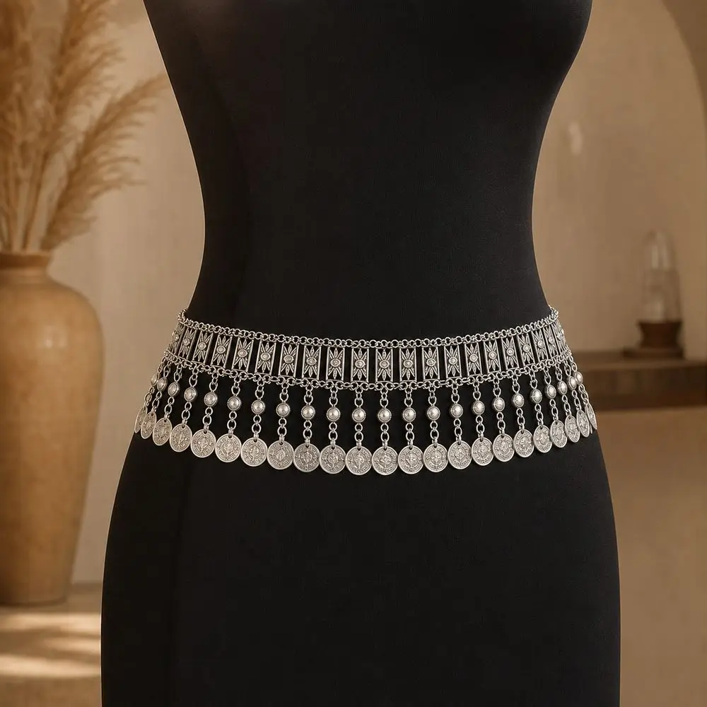 New Metal Belly Dance Belt Adjustable Coin Tassel Tassel Belt Wide Tassel Ethnic Style Waist Chain Belt Belly Dance Performance