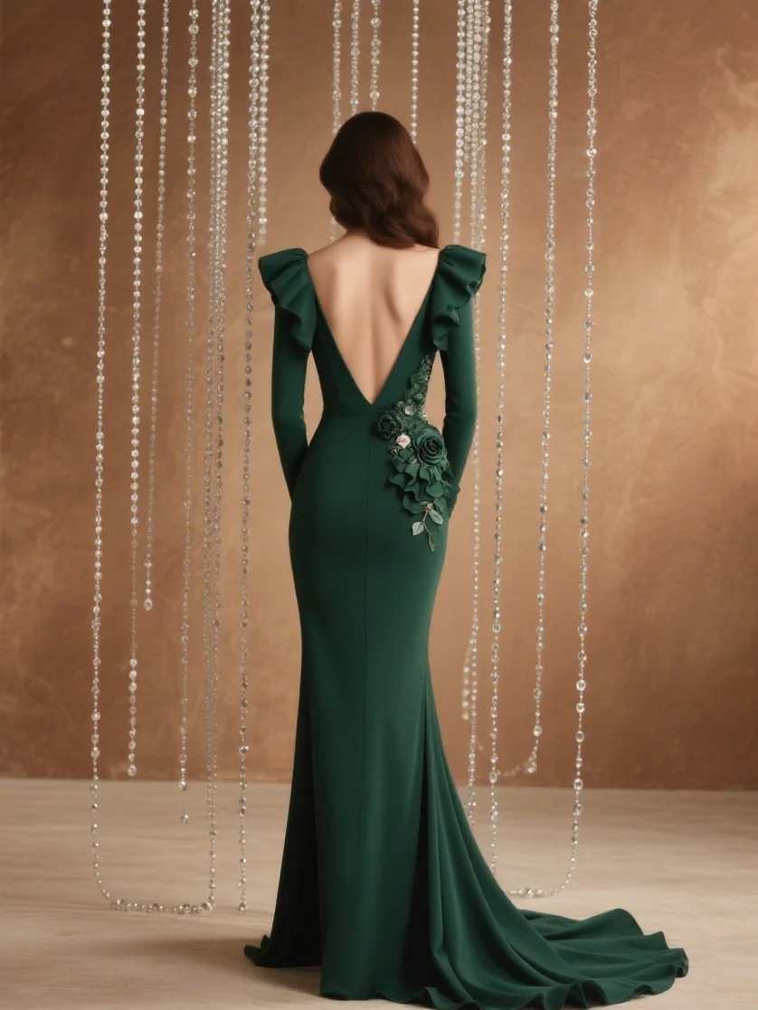 Elegancka luksusowa suknia wieczorowa w stylu syreny, długi rękaw, dekolt w serek, aplikacje, falbany, tren dworski, elastyczna tkanina, sukienka 2025, darmowa personalizacja.