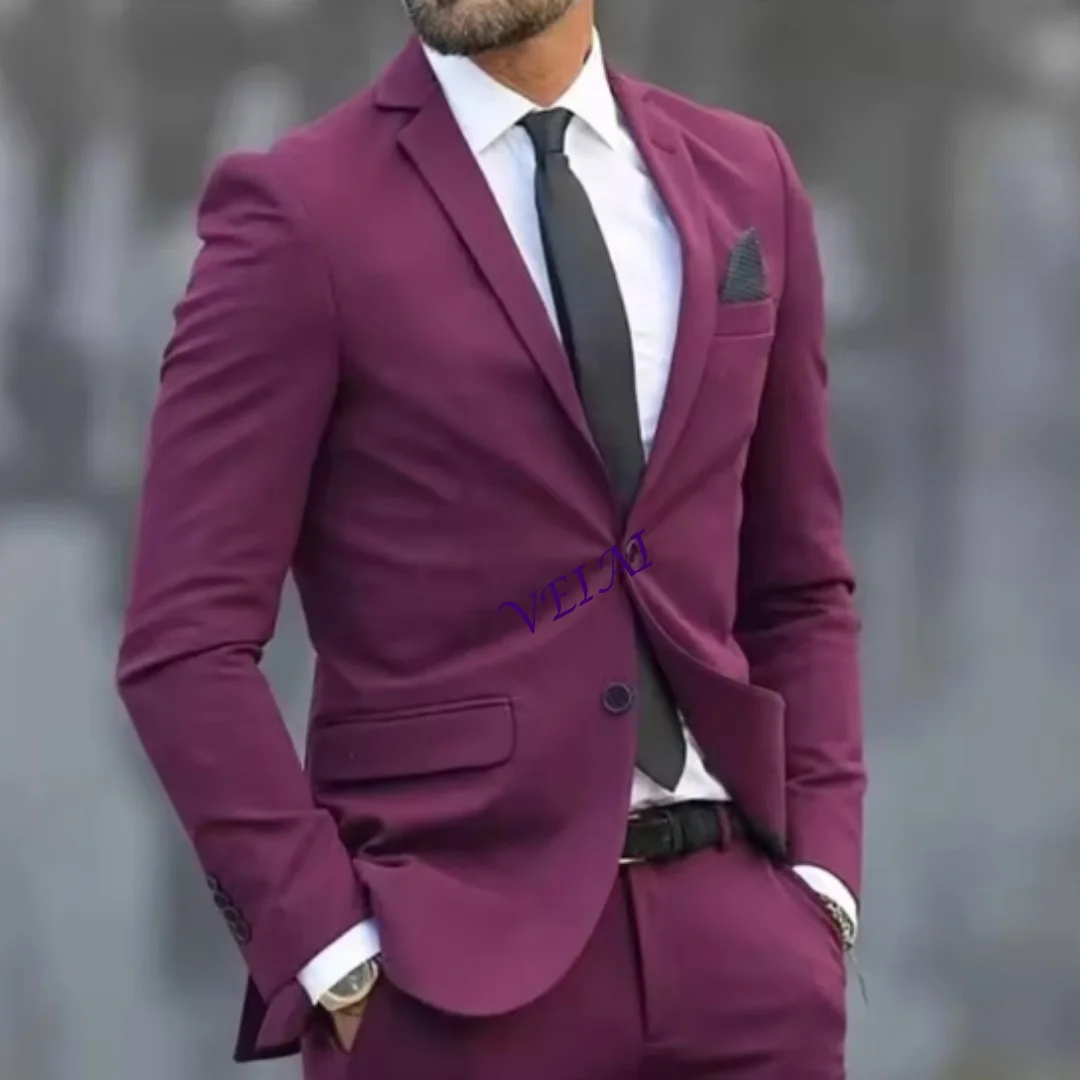

Пурпурно-красные мужские костюмы по индивидуальному заказу, приталенные деловые костюмы для торжественных случаев, куртка из 2 предметов, брюки с зубчатыми лацканами, повседневный деловой полный комплект, ropa hom