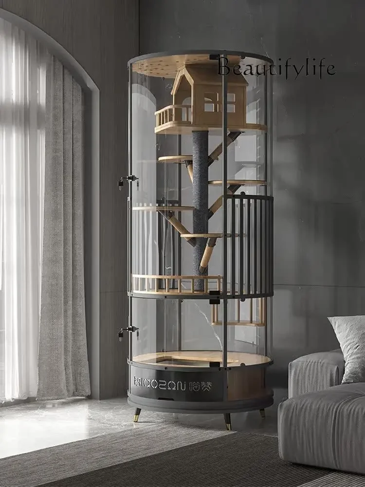 A Fully Transparent Glass Panoramic Rotating Cylindrical Cat Villa Luxury Cabinet Cage Indoor With Toilet Integrated