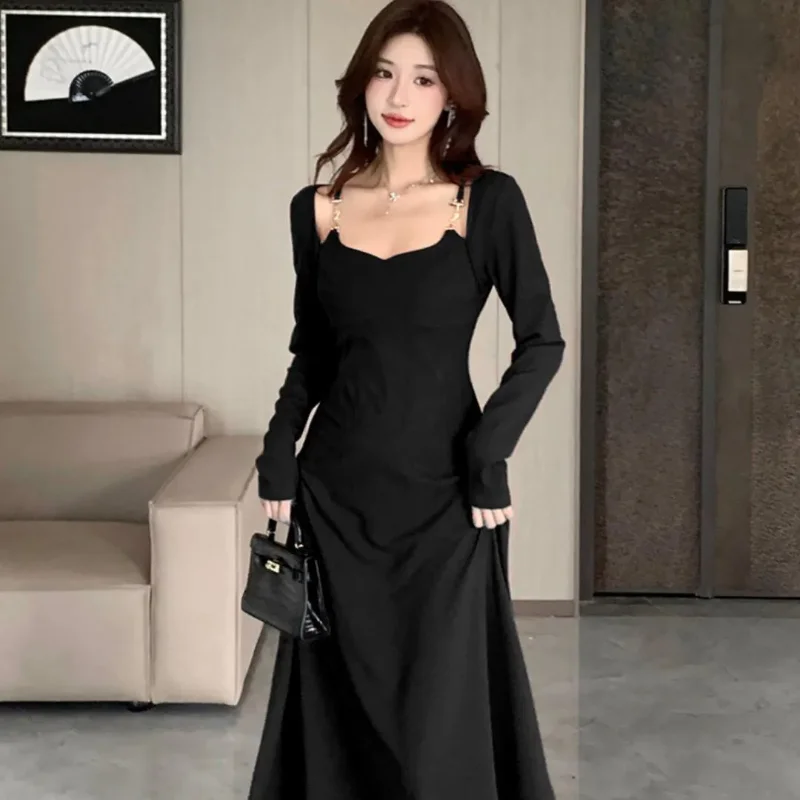 Women's Spring and Autumn New Stitched Pullover Square Neck Retro Fashion Solid Color Versatile Casual Long Sleeve Dress