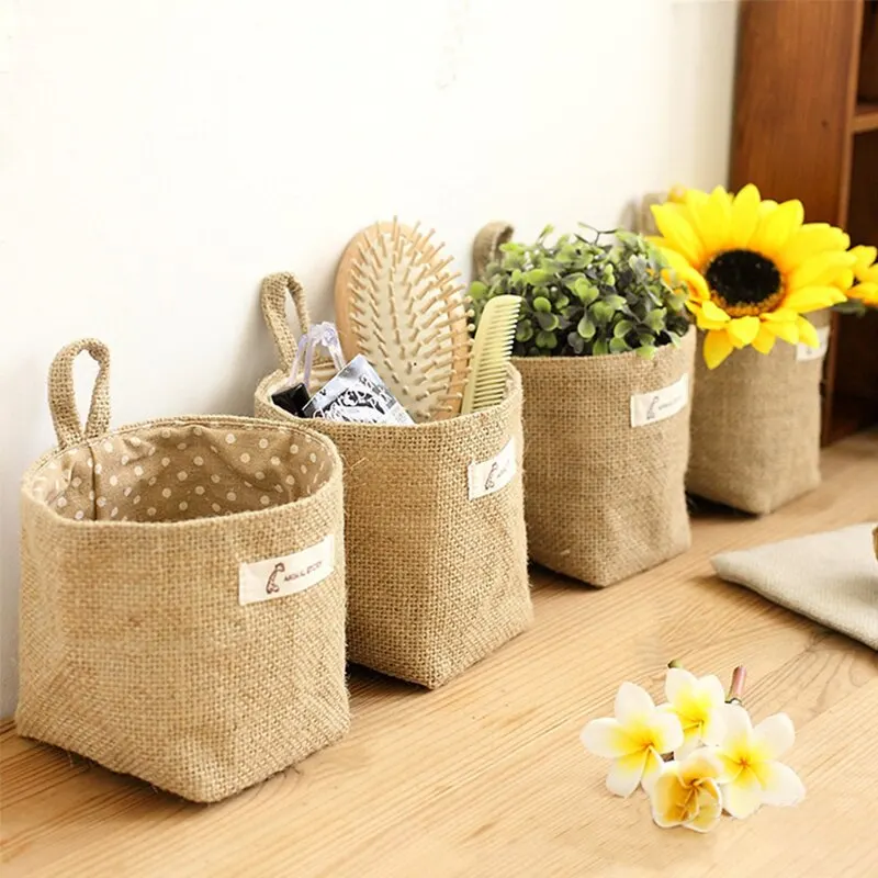 Nordic Style Small Hanging Wall Pocket Storage Basket Sack Sundries Organizer Cosmetic Organizer Cotton Linen Toy Storage Bag