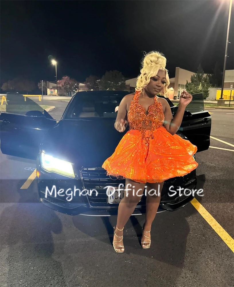 Orange Halter Prom Dresses Short Bead Crystal Appliques 2025 Birthday Luxury Dress Black Girl Ball Gown Mini Cocktail Customized