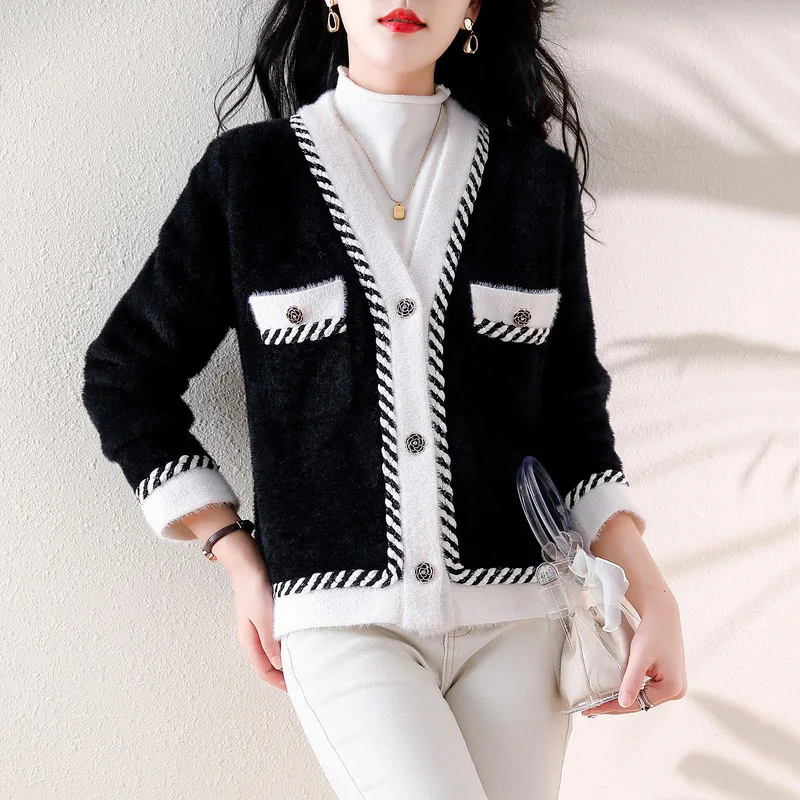 Women Clothing Chic Rose Button Knitted Cardigan Spring Autumn Plush Fashion Loose Korean Style Sweaters Female Knitwear