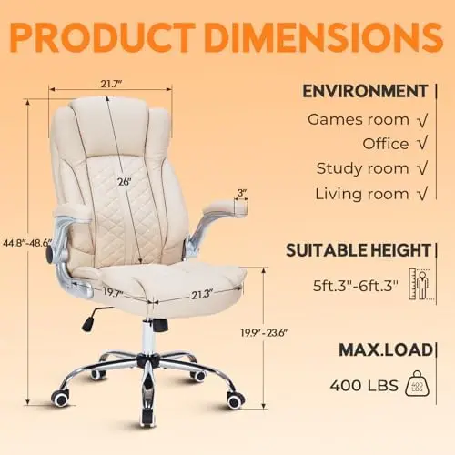 400lbs Executive Office Chair with Flip-Up Armrests, Big and Tall Computer Chair for Heavy People, Heavy Duty Ergonomic
