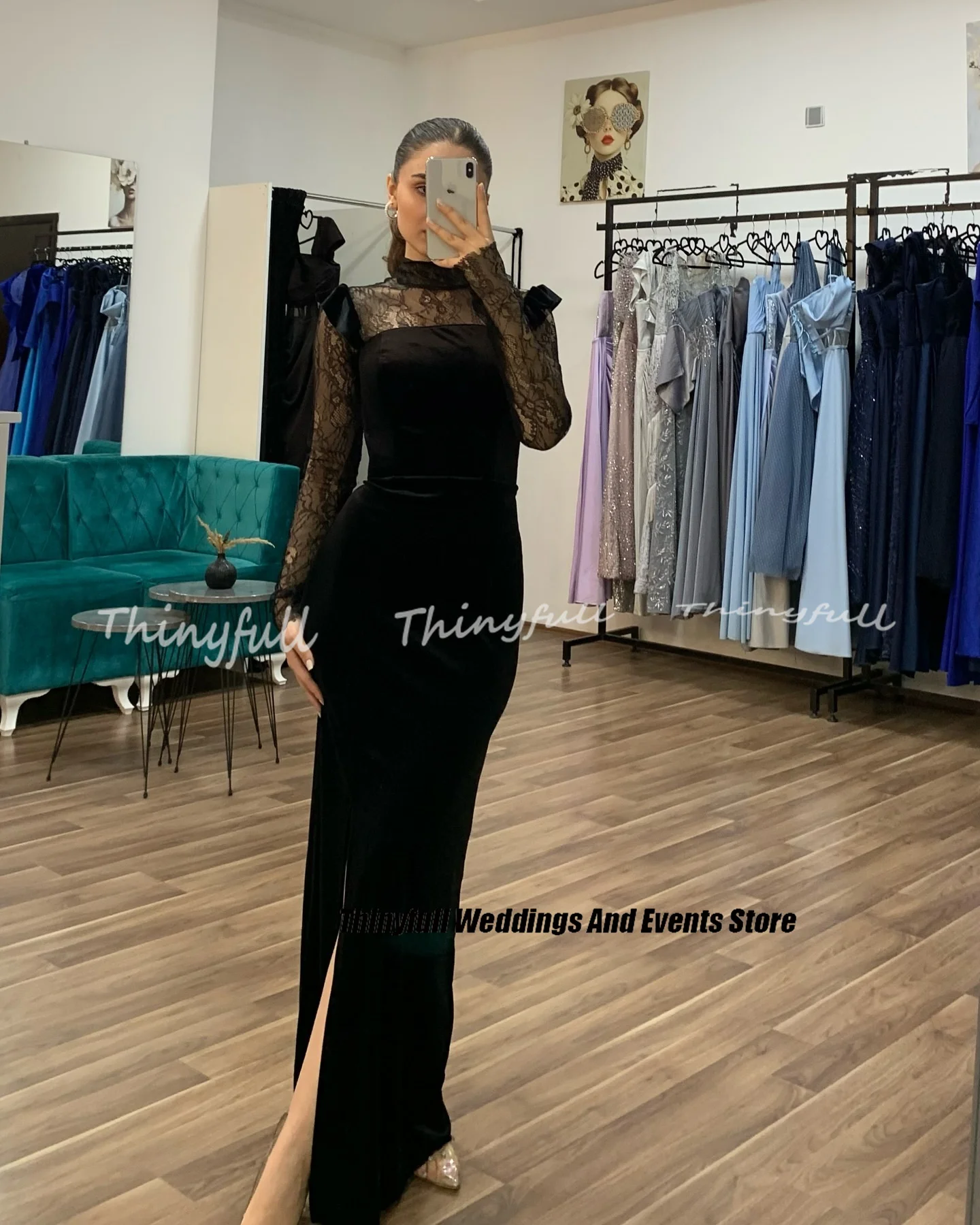 Thinyfull 인어 벨벳 무도회 드레스, 하이 넥 레이스 슬리브, 이브닝 가운, 스플릿 공식 행사 원피스 가운, 맞춤형