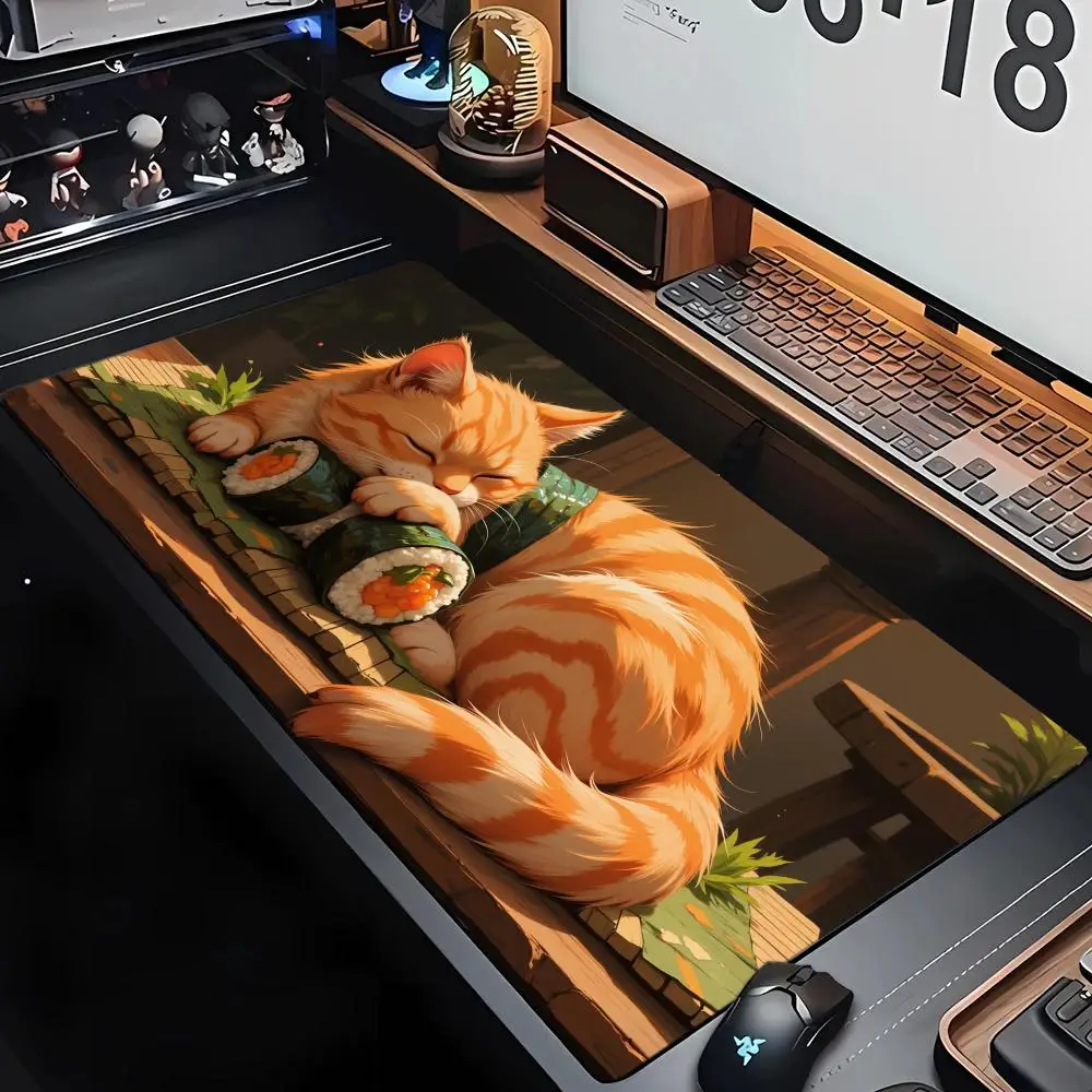 

Orange cat eating sushi large office Mouse Pad Desk Mat Gaming mat gamer pc accessories rubber anti-slip keypad mousepad