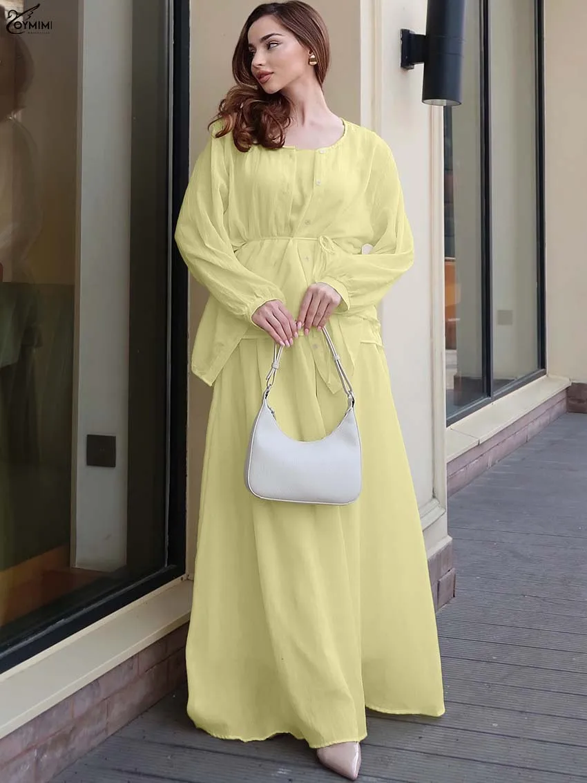 

Oymimi Elegant Yellow Cotton 3 Pieces Set For Woman Fashion Lace-Up Button Long Sleve Shirts And Slip Tops + Loose Skirts Sets