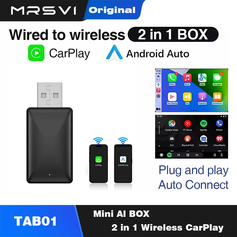 MRSVI 2-in-1 Kabelloser CarPlay-Adapter Kabelgebunden zu Kabellos Dongle für Apple & Android Auto Plug-and-Play Universelles Auto-Zubehör