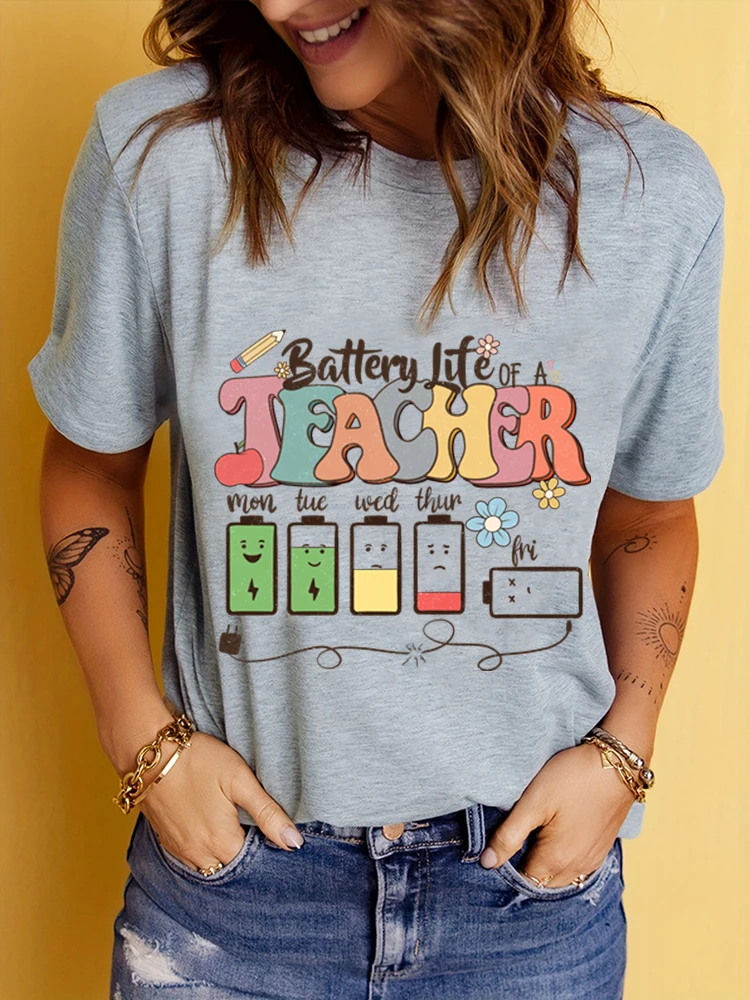 Battery Life of Teacher Print T Shirt Women Summer Tshirt Casual Female Tees for Lady Short Sleeve Kpop Y2K Tops Harajuku