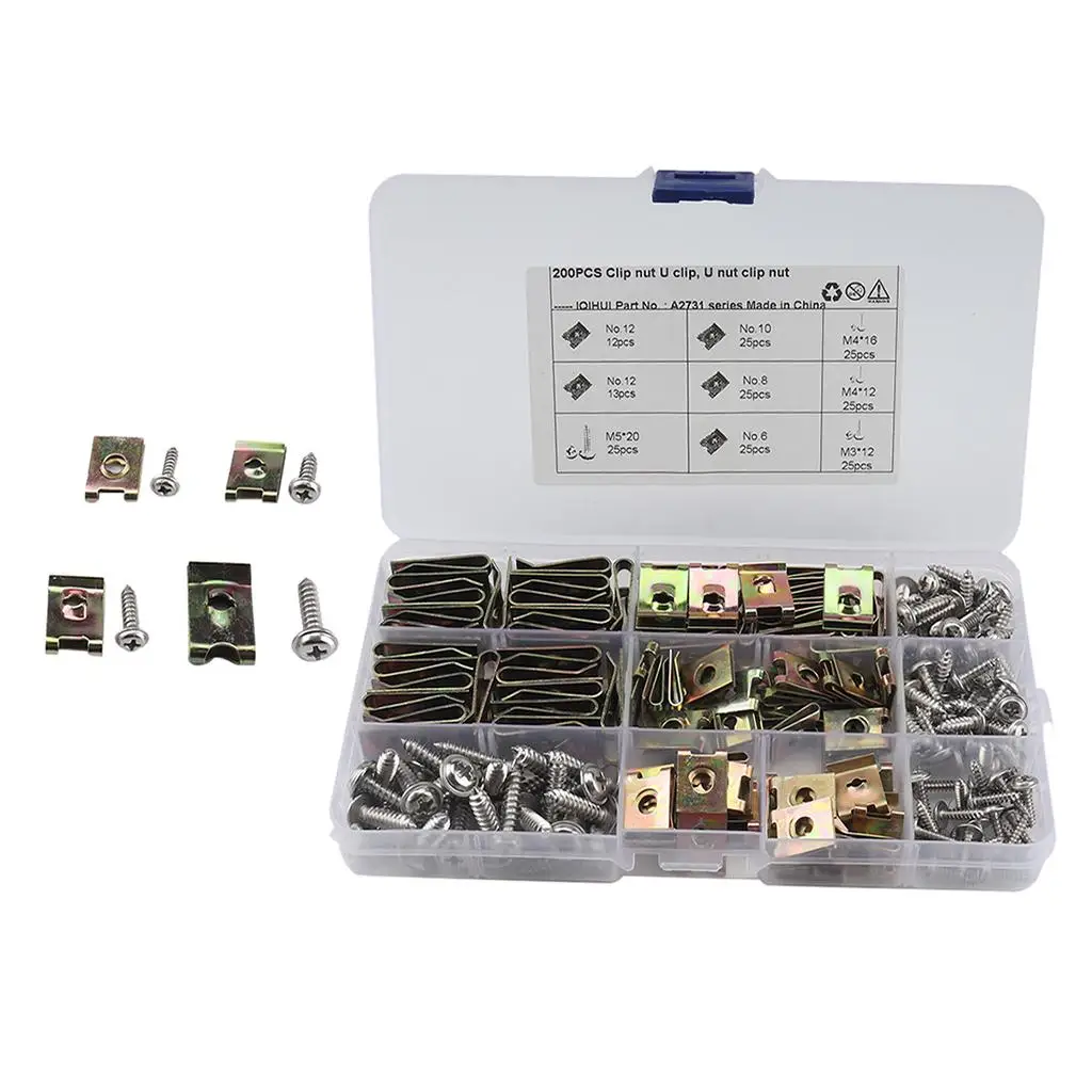 U Nut Clip on Assortment Kit Stainless Steel Reed Nuts Speed Fasteners 200pcs for Auto Interior Trim and Motorcycle Fairing