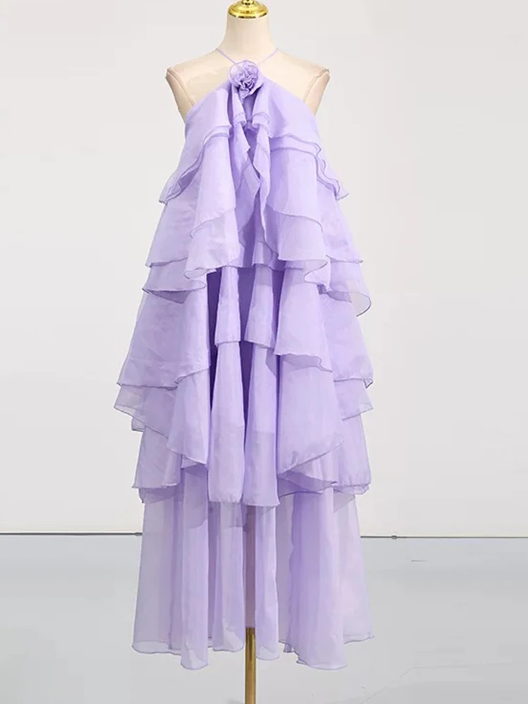 Temperamentnähte Rüschenkleid 2025, Sommerfrauen neues dreidimensionales Blumenkleid mit hängendem Hals, rückenfreiem Rüschenkleid