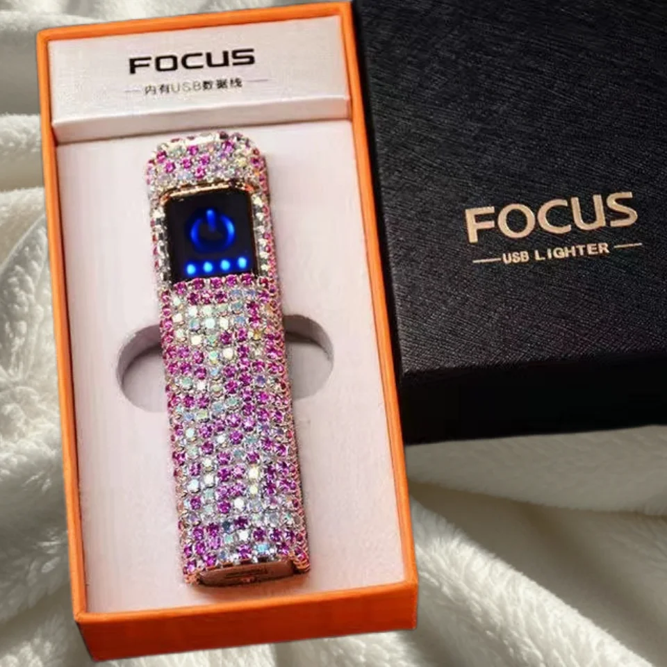 Rhinestone Touch Screen Lighter With Diamond Luxury Windproof Mute High-Grade Usb Charging Ladies Cigarette Lighter Girl\'S Gift