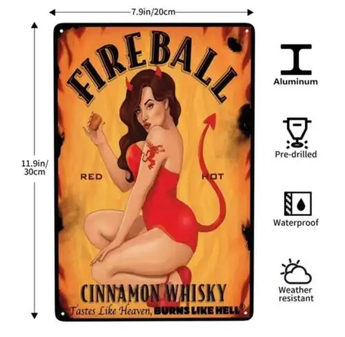 Letrero metálico de estaño FIREBALL CINNAMON WHISKY para la cueva del hombre, con diseño de diablo morena sexy y sensual.