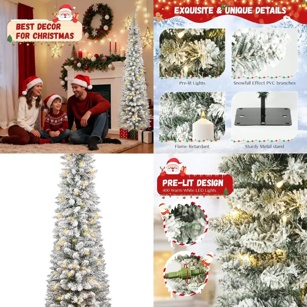 

Тонкая искусственная рождественская елка длиной 6 футов со снегом и теплыми белыми огнями, идеально подходящая для небольших помещений