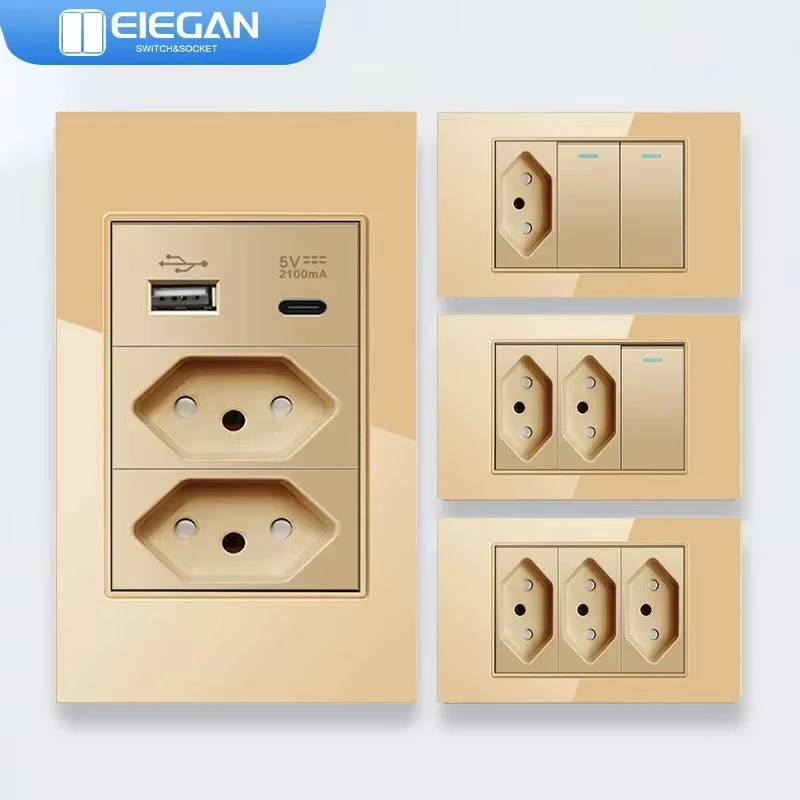 

ELEGAN 118mm Gold Tempered Glass panel Brazil standard series 118*74mm wall computer combination socket switch Cable usb type c