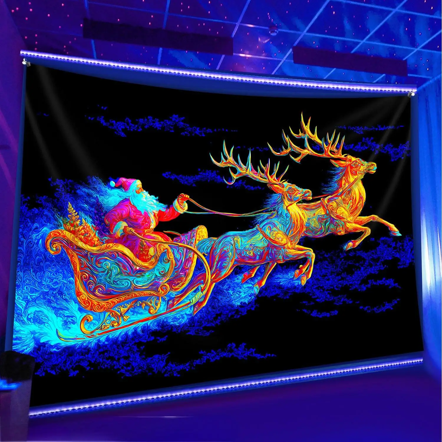 VIKAMA Christmas Miracle Tapestry Reindeer Sleigh Living Room Holiday Decor Children's Room Christmas Theme Room Decor