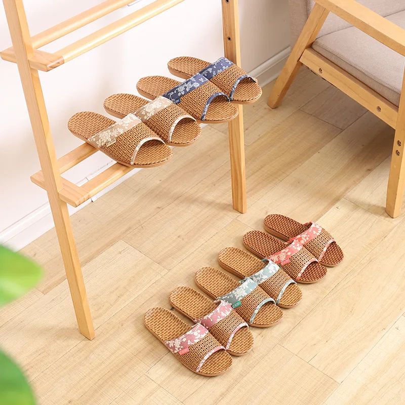 Mntrerm Couples Summer Flax Slippers Linen Weave Floral Slides Sandals Women Men Indoor Shoes Home Slippers Ladies Flip Flops