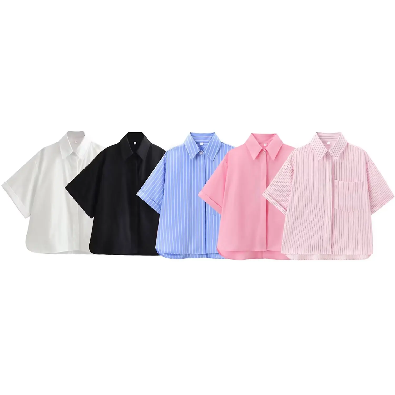 2024 Summer New Women\'s European And American Style Fashion Casual Versatile Lapel Pocket Poplin Solid Color Shirt Top