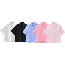 2024 Summer New Women's European And American Style Fashion Casual Versatile Lapel Pocket Poplin Solid Color Shirt Top