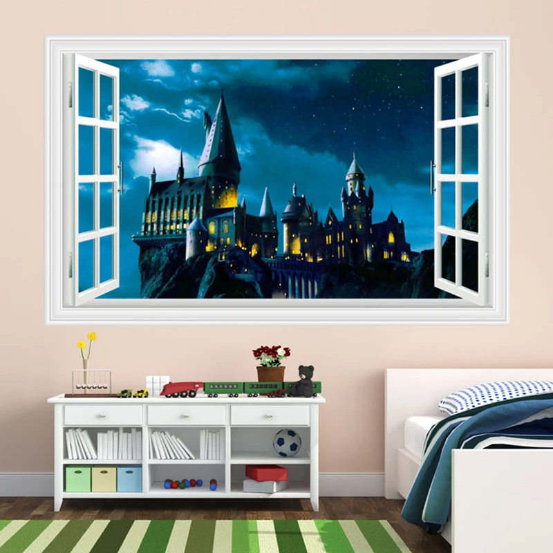 Magical Boy Fake Window Art Fantasy Castle Vinyl Wall Stickers Kids Game Home Decoration for Living Room Bedroom Movie Poster