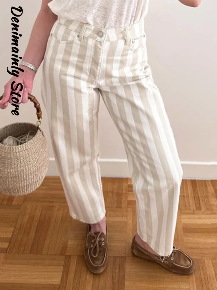Street Women's Stripe Denim Pant Slim High Waist Pockets Zipper Button Female Tapered Pant 2026 Autumn Lady All-match Chic Jeans
