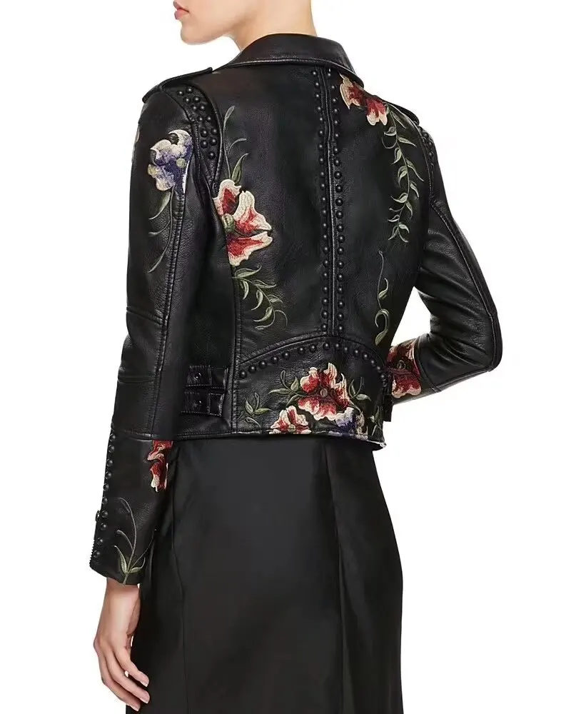 2024 autumn new style suit collar embroidered flowers and leaves rivet short leather jacket PU leather jacket